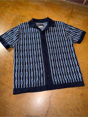 Original Use Navy and Light Blue Geometric Knit Polo Shirt